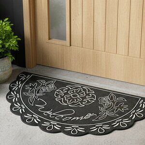 Elegant Black and White Floral Welcome Door Mat